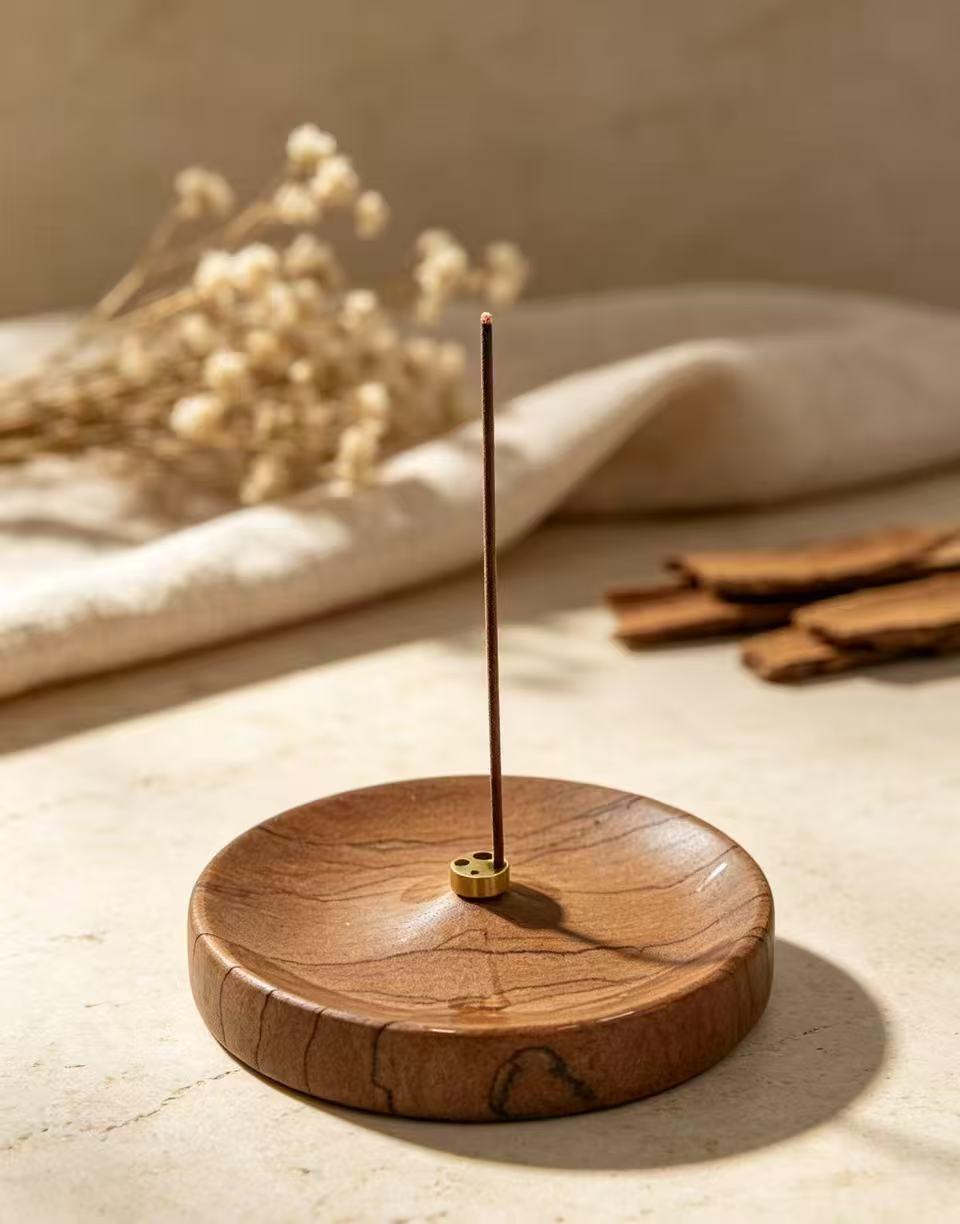 Walnut marble incense holder with brass insert and burning incense stick